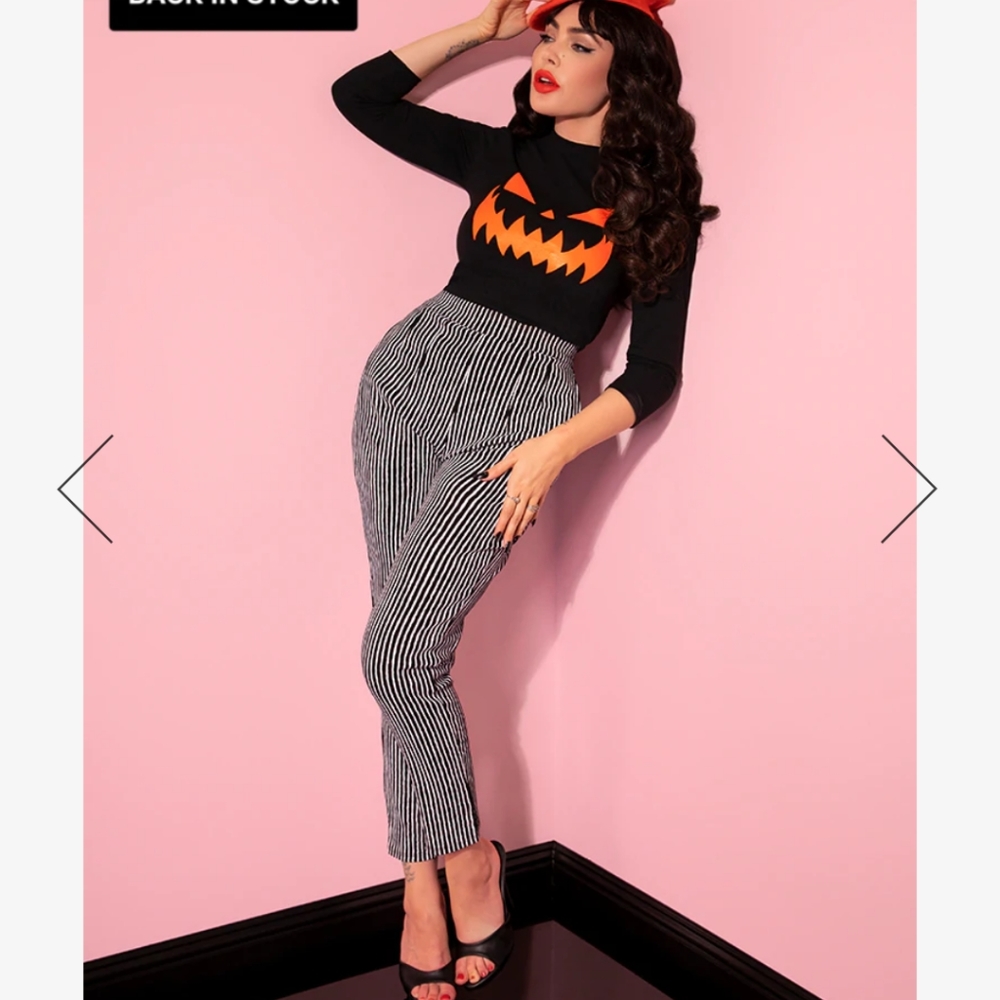 MISS KITTY CIGARETTE PANTS IN BLACK STRIPES - VIXEN BY MICHELINE PITT
